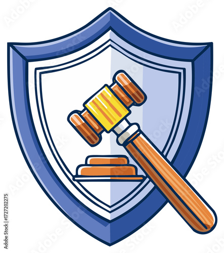 Cartoon Gavel and Sound Block on Shield Symbol for Justice Protection Illustration