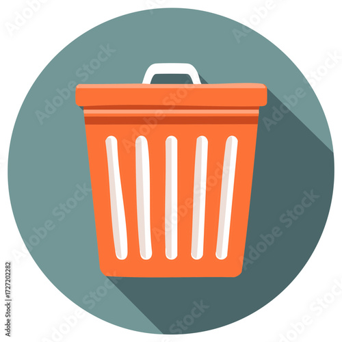 Orange Waste Basket Illustration on Teal Circle Garbage Bin Trash Can Flat Design
