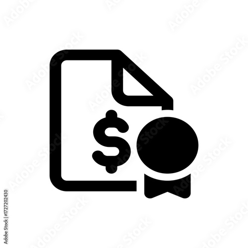 A black and white icon showing a document with a dollar sign and a seal indicating financial agreement