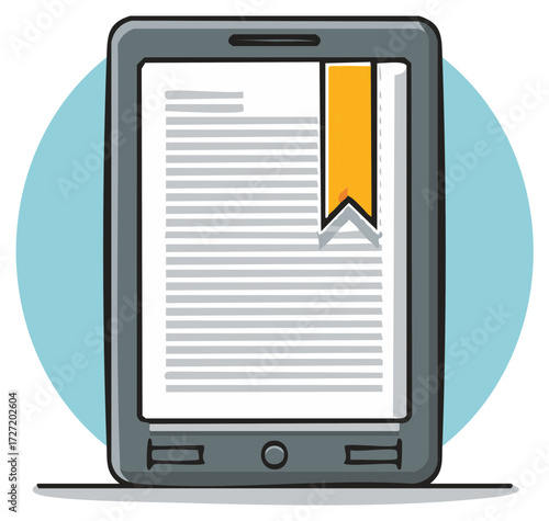 Ereader illustration with bookmark, reading on digital device, blue backdrop,  education or media