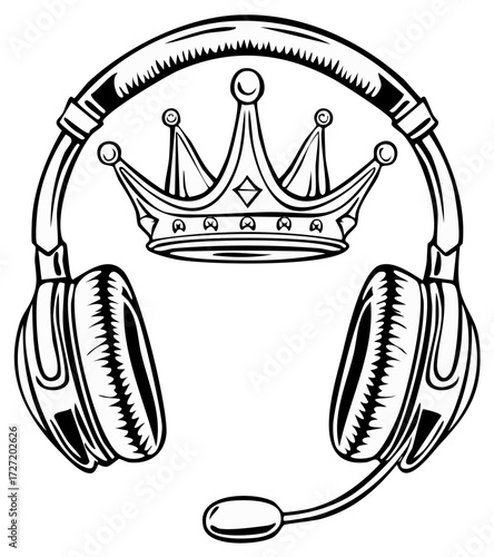 Stylish Headphones with Mic and Royal Crown Line Art Design