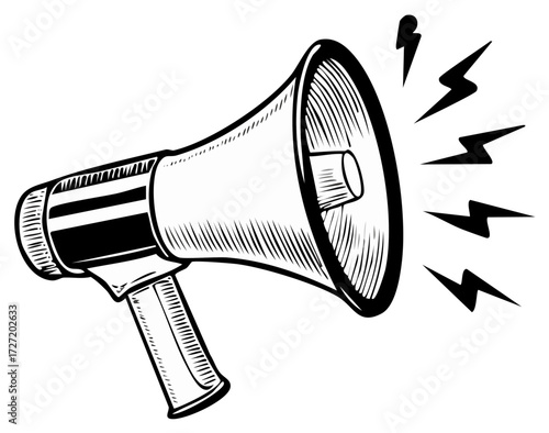 Monochrome megaphone illustration with sound waves, loudspeaker communication