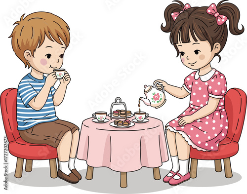 Cute kids having tea party indoors with teacups, pastries, pink tablecloth, smiling faces, pretend play, friendship, fun activity.