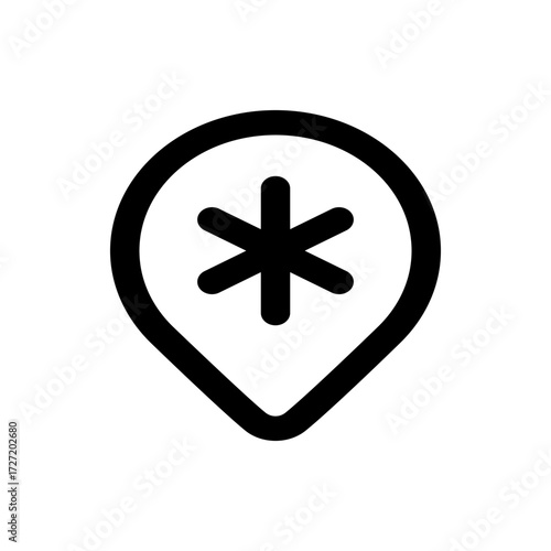 A simple black and white icon featuring a location pin with a medical star symbol inside it centered design