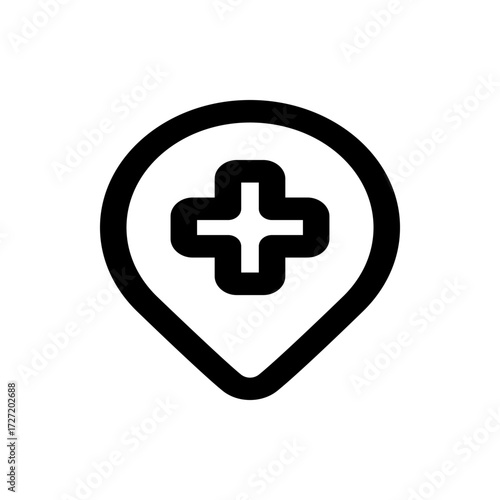A simple black and white icon showing a location pin with a plus sign centered inside the shape symbol