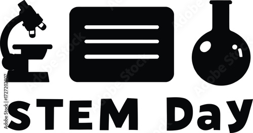 STEM Day Icon Trio Vector Featuring Microscope, Chalkboard, and Flask in Black and White Line Art Style