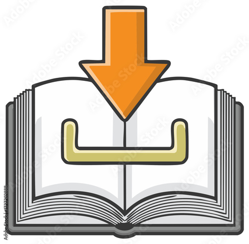 Open book with orange download arrow icon representing digital e-book access, online learning, and content acquisition.