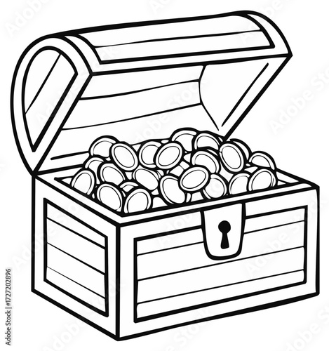Open treasure chest filled with gold coins, black and white outline, cartoon style for coloring pages, line drawing