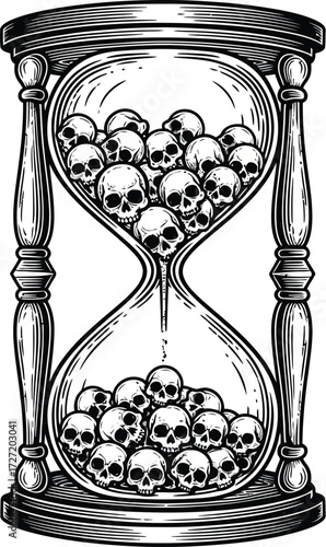 Hourglass filled with skulls symbolizes mortality and the passage of time