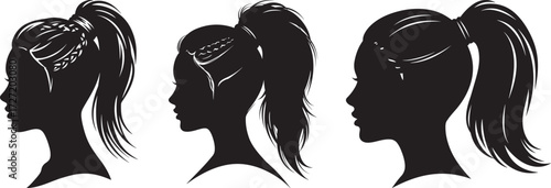 Three distinct female profile silhouettes with flowing long hairstyles silhouette