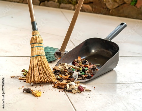 Wallpaper Mural Broom and dustpan with debris on tiled floor Torontodigital.ca