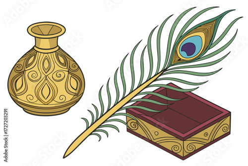  a golden vase with a peacock feather, highly detailed, 8k, digital art, vibrant colors, 3d render