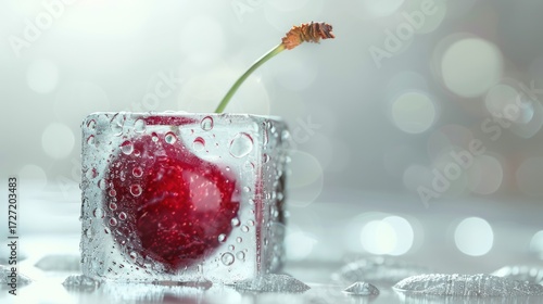 Fresh cherry in ice cube