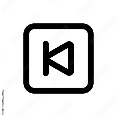 A simple black and white illustration of a media player skip back icon inside of a rounded square shape