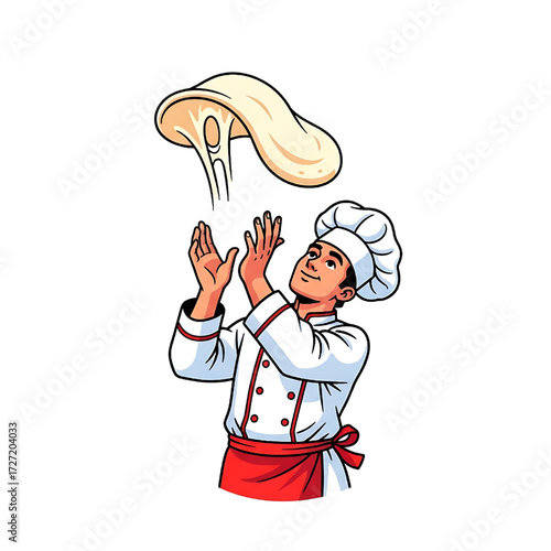 Skilled Pizza Chef Tossing Dough Preparing Delicious Italian Food Cartoon Illustration