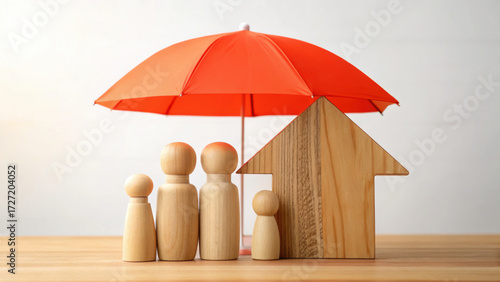 Wallpaper Mural Wooden family figures and house model under red umbrella symbolize protection and security Torontodigital.ca