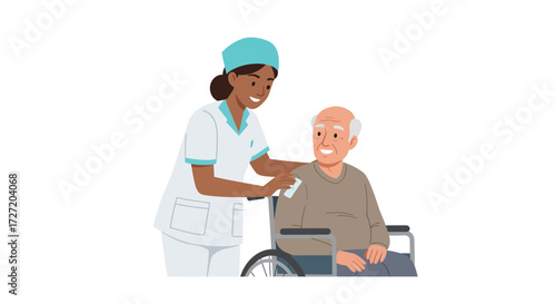 Kind nurse caring for elderly patient in wheelchair, showing compassion and support, offering comfort and assistance during recovery, senior healthcare concept