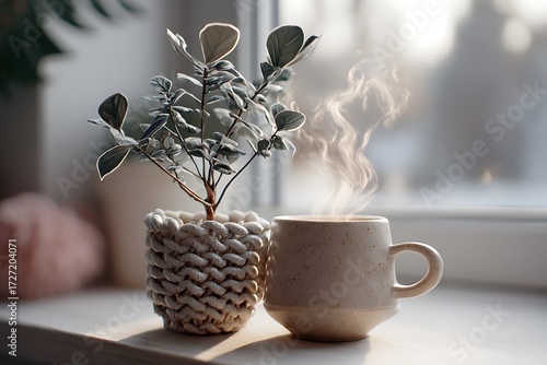 Wallpaper Mural Morning coffee ritual with a potted plant by the window, captured indoors in soft natural light for a cozy, relaxing atmosphere. Torontodigital.ca