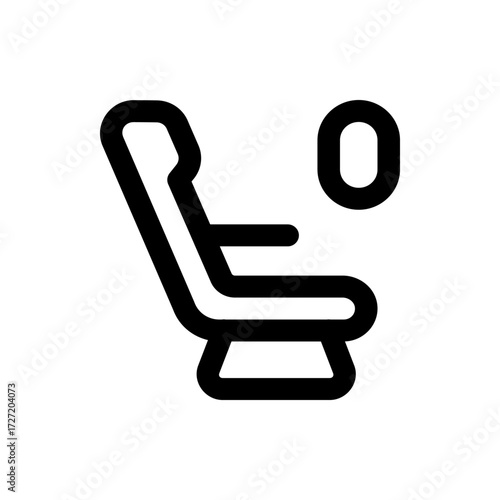 A simple line drawing depicting an airplane seat next to an oval window on a white background design icon