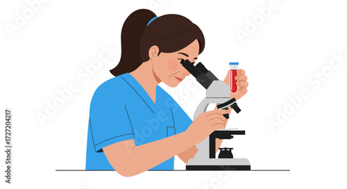 Dedicated medical researcher analyzing blood sample with precision microscope for life saving breakthroughs and advanced scientific discovery, health is wealth