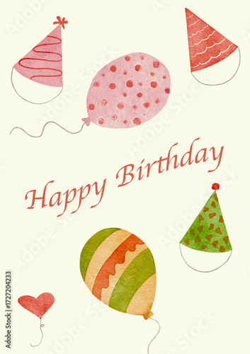 Watercolor birthday card design with colorful balloons and festive elements on lemon yellow background perfect for cheerful greetings and celebration invitations