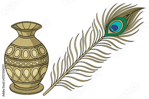  a golden vase with a peacock feather, highly detailed, 8k, digital art, vibrant colors, 3d render