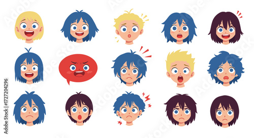 A vibrant collection of cartoon anime-style character faces displaying a wide spectrum of human emotions and reactions, perfect for avatars or design