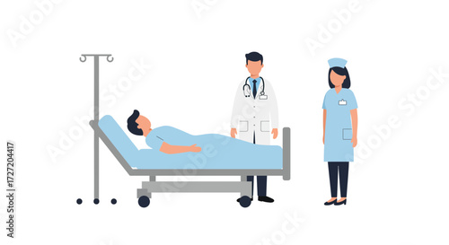 Caring healthcare team tending to patient in hospital bed, doctor and nurse provide support and medical attention for recovery and wellness, scalable vector graphic
