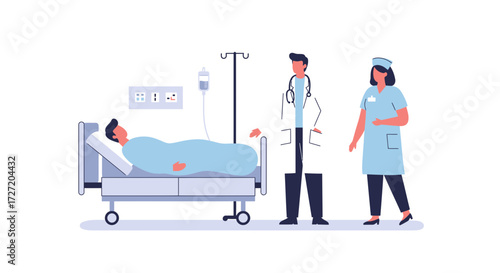 Caring doctor and nurse attending to patient in hospital bed, showing empathy and support during recovery, healthcare professionals offer compassion