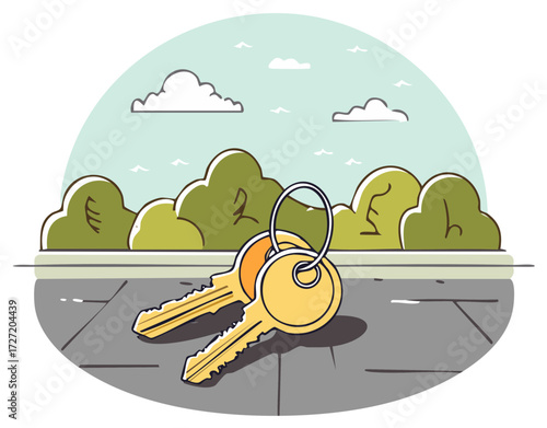 Lost keys on a road with tree lined background depicts forgetfulness and losing possessions illustration