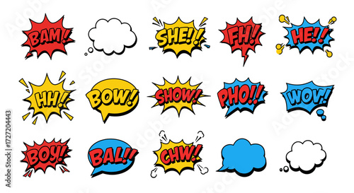 Colorful collection of cartoon pop art speech bubbles and comic sound effect exclamations. Vector illustration set for design and communication