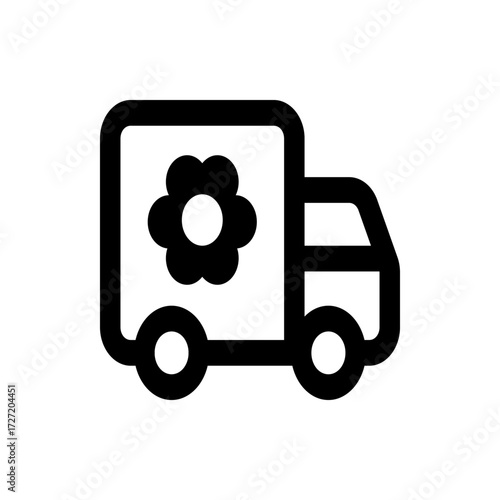 A simple black and white icon depicting a delivery truck with a flower emblem on the side panel design