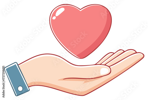 Cartoon hand presenting a vibrant pink heart symbolizing love care and generosity