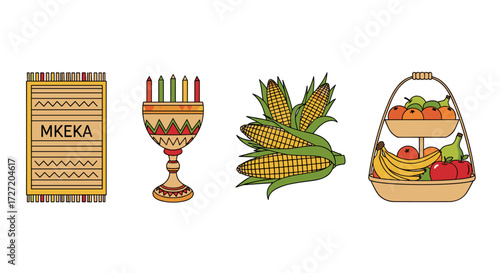 Kwanzaa symbols: Mkeka mat, Kinara, corn, and fruit basket