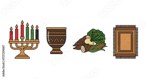 Kwanzaa symbols: Kinara, Unity Cup, Harvest and Mkeka mat