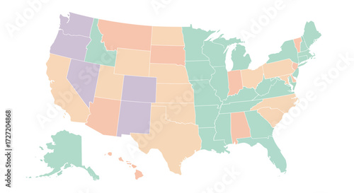 Colorful political or demographic map of the United States with states highlighted in different colors for data visualization
