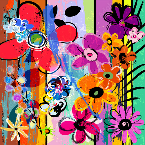 abstract background composition with flowers, with paint strokes, splashes and geometric lines