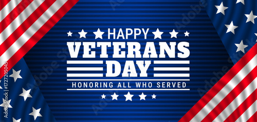 Happy Veterans Day with usa flag and  Veteran design background, banner, card or poster design template is observed every year during November, to raise awareness about the mission.