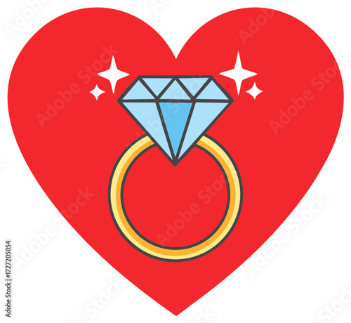 Engagement Ring with Diamond Inside a Red Heart Illustration, Symbol of Love and Valentine's Day
