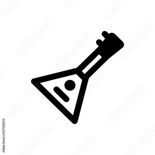 A simple black and white icon depicting a balalaika musical instrument with a triangular body and neck shape