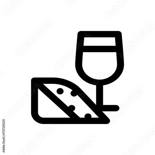 A simple line drawing depicting a glass of wine next to a wedge of cheese with visible holes in the cheese