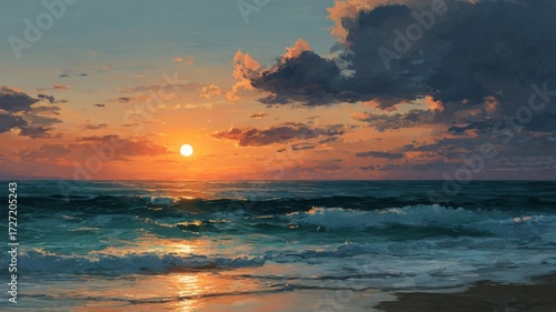 Vibrant ocean sunset with dramatic clouds. AI image