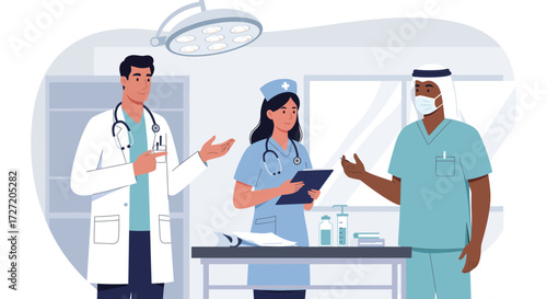 Diverse medical team collaborating in a modern hospital setting, discussing patient care and treatment plans with professionalism and compassion