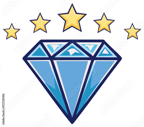 Sparkling blue diamond with five golden stars above symbolizing success and excellence