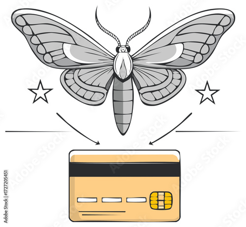 Moth and stars pointing to credit card symbolizing financial temptation consumerism or debt