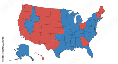Political map of the United States illustrating the division of electoral votes between red and blue states during a presidential election