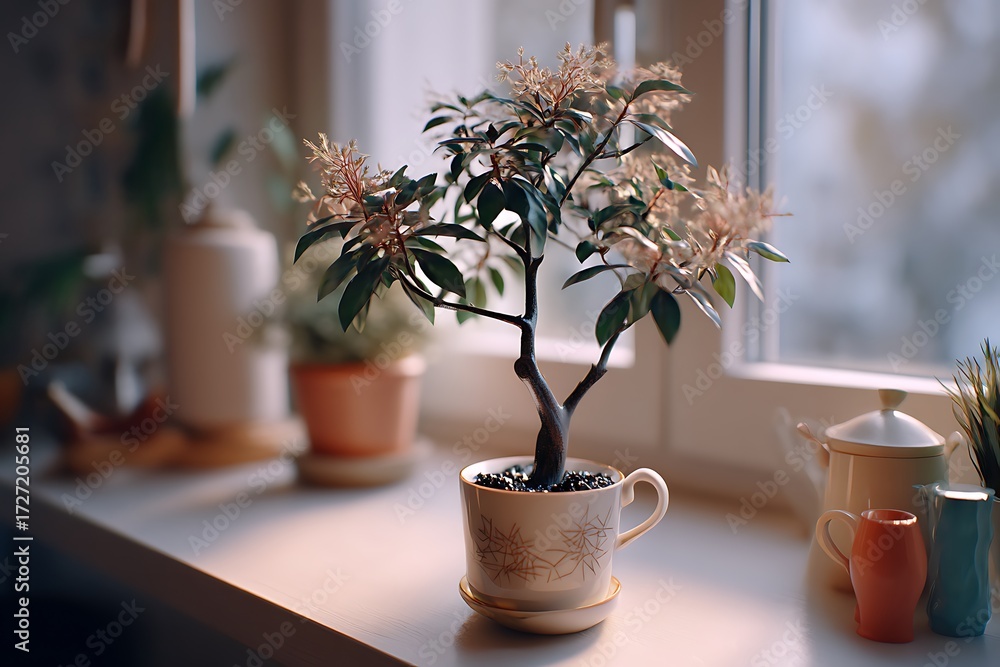 custom made wallpaper toronto digitalMorning coffee ritual with a potted plant by the window, captured indoors in soft natural light for a cozy, relaxing atmosphere.