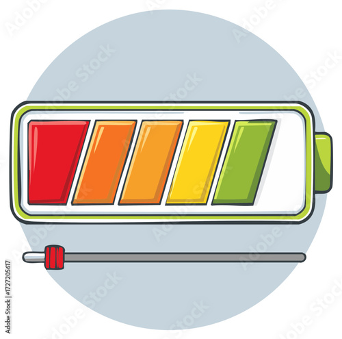 Cartoon style battery indicator with a slider indicating low energy levels and consumption rate