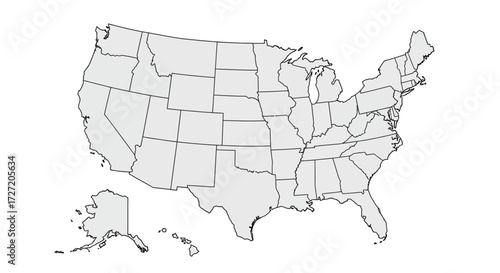 Grayscale vector outline map of the United States, clearly delineating all individual states and Alaska, perfect for geographical studies and data visualization