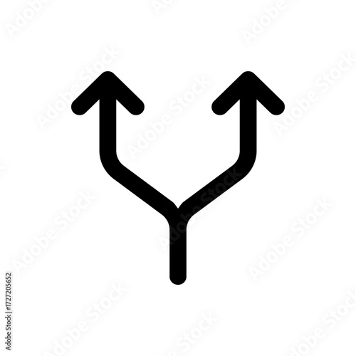 A simple black line drawing of a fork or split in a road or path with two arrows pointing upwards on white